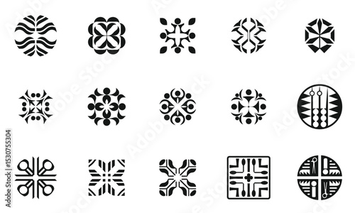 A collection of intricate black and white geometric logos, showcasing a variety of designs that evoke a sense of cultural richness and artistic expression.