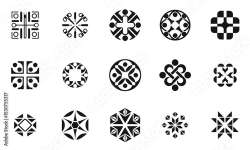 A collection of unique geometric black and white logos, showcasing intricate designs that blend modern aesthetics with traditional motifs.