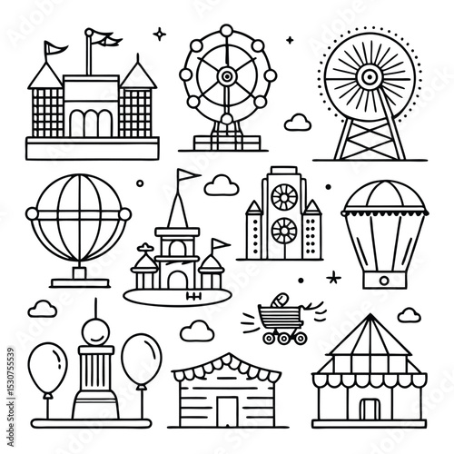 Vector illustration of fun fair attractions featuring ferris wheels castles and other elements