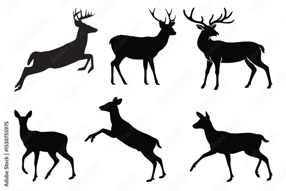 Fototapeta premium Set of deer silhouettes vector standing positions