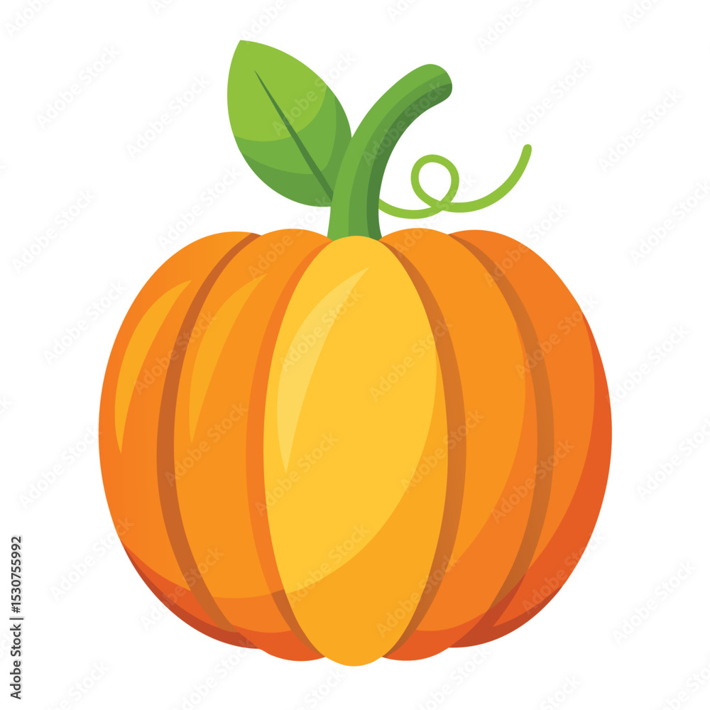 Obraz premium Vibrant orange pumpkin illustration with green stem and leaf suitable for fall harvest season