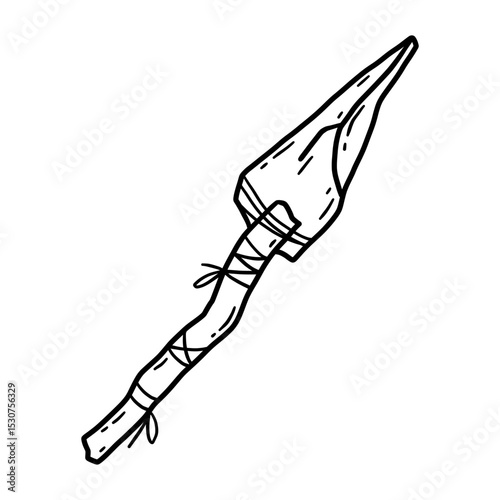 Vector linear hand drawn icon of a primitive stone-tipped spear in doodle style.