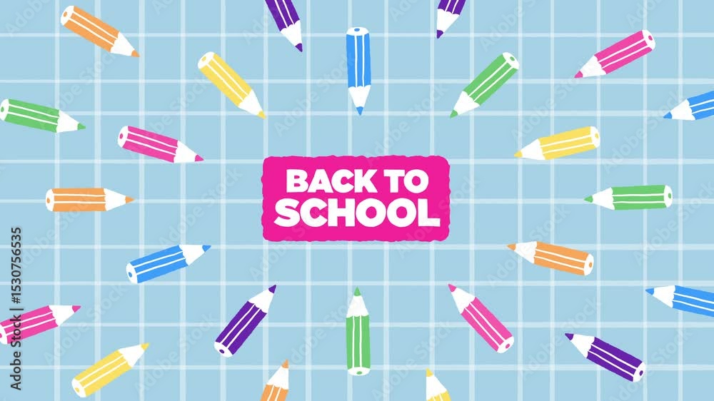 Colorful Hand drawn Doodle Style Pencils Following Back To School Text on a Math Paper Blue Background Illustration Animation - 4K Horizontal Video 10 sec. Seamless Loop