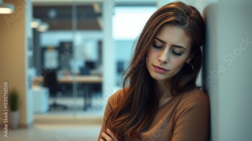 Young woman in brown sweater standing alone tired at work in empty office during weekend