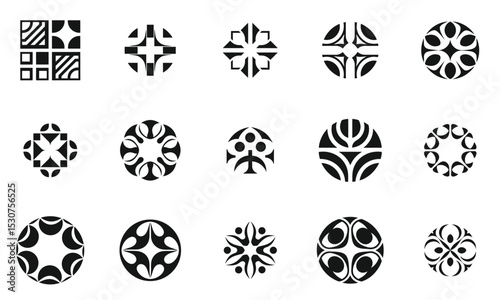 A collection of abstract black and white logos showcasing intricate geometric designs and organic shapes, perfect for modern decor or graphic design.