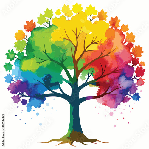 Vibrant watercolor tree depicting rainbow colors and lush foliage against a white background