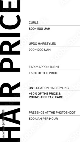 Hair Stylist Price List Template Design
Font 1 used: «Rubik»
Font 2 used: «Fira Sans Medium» 