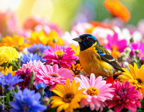 A vividly colored parrot perches gracefully among a dense arrangement of blooming flowers, creating a striking contrast between the vibrant feathers and the multicolored petals surrounding it.