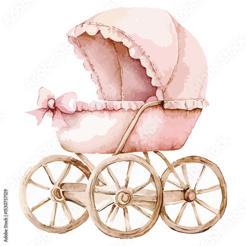 Old fashioned pram,  classic baby carriage or pram on white background