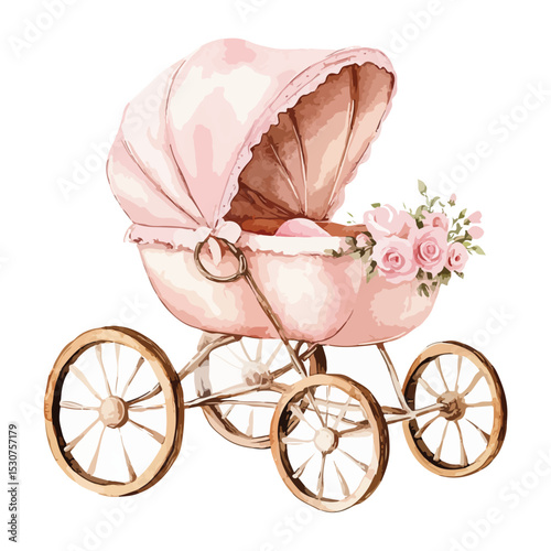Old fashioned pram,  classic baby carriage or pram on white background