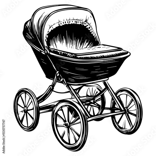 Old fashioned pram,  classic baby carriage or pram on white background
