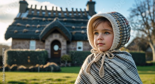Child in bonnet and shawl near thatchedroof house Scottish culture concept photo