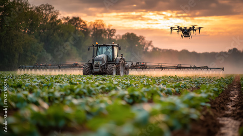 Modern tractor spraying crops in soybean field at golden hour with drone hovering nearby. Perfect for agriculture tech, smart farming, or sustainable food production visuals.