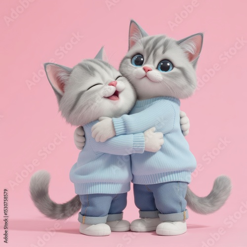 Two Gray Striped Cats Hugging on Pink Background