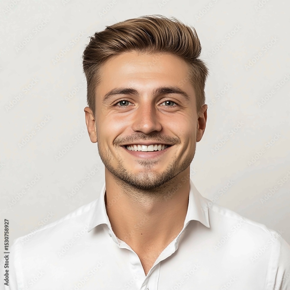 Fototapeta premium Headshot portrait of a friendly and confident young man with light brown hair, a short beard, and a warm smile, wearing a white collared shirt against a clean background