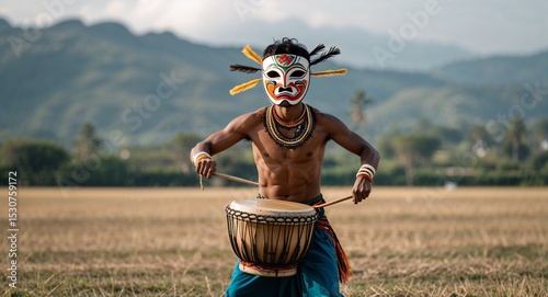 Man performing drum dance in open field with handmade mask  Luhya culture concept