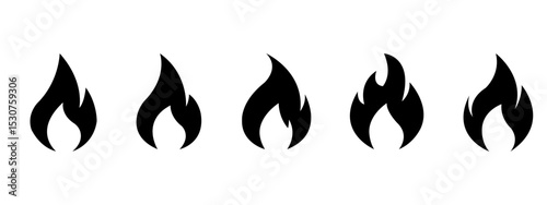 Five Black Flame Icons Fire, Heat, Energy, Burn, Ignite