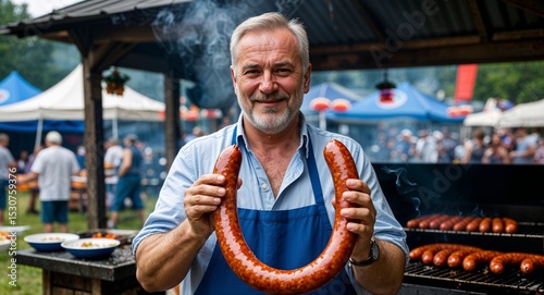 Middleaged man holding kielbasa near smoky open grill with village fair background