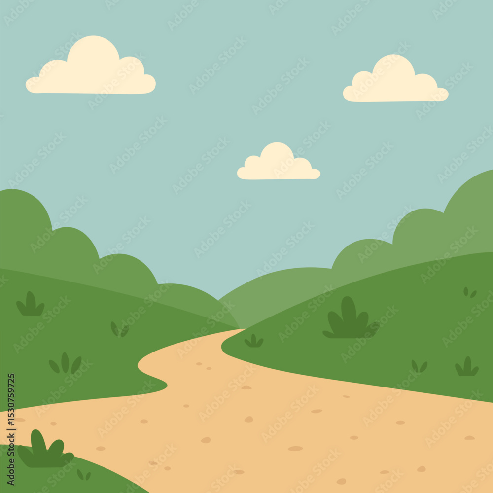 Fototapeta premium Winding country path through green meadow hills with clouds. Rolling hills path illustration. Cartoon dirt road landscape. Nature trail vector background