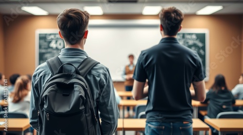 The student guy was late for class, entering the classroom during the response of another student on the right