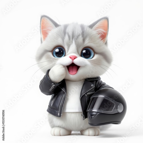 Cute Kitten Wearing Leather Jacket Holding Protective Headgear