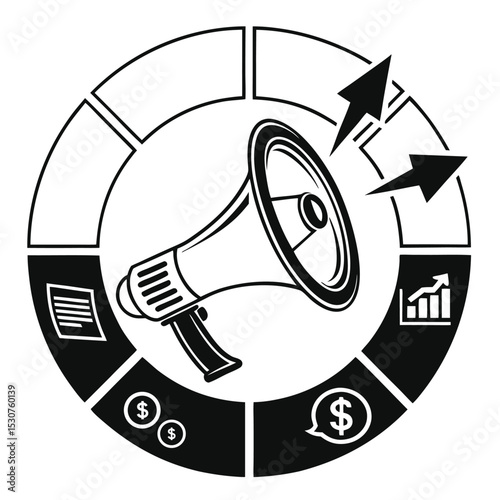 Marketing strategy growth plan with megaphone and financial icons