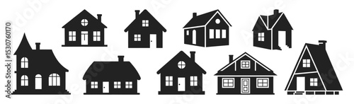 Silhouettes of small houses and cottages in unique architectural designs, vector illustration set. Includes A-frame, gabled and whimsical roof shapes in black homes forms.