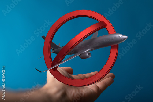 Image depicting a model airplane prohibited by a red circle, symbolizing travel restrictions.