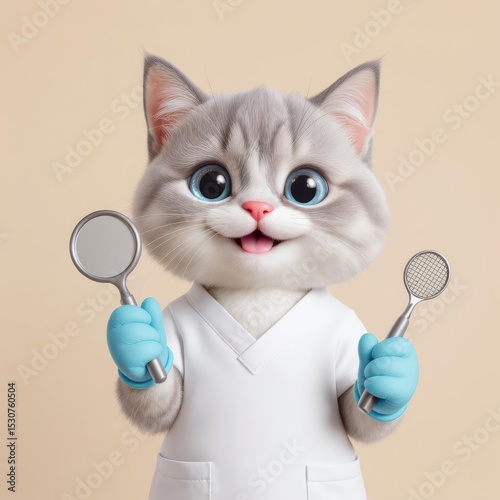 Smiling Cat Wearing a Uniform Holding Dental Tools