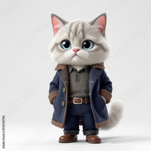 Cat Wearing Outfit Standing Posing on White Background