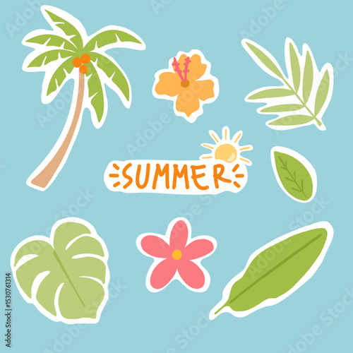 Summer cute vector icon set for sticker. Icons, signs and banners. Bright summer poster. Collection of elements for summer holiday. Vector icon set.