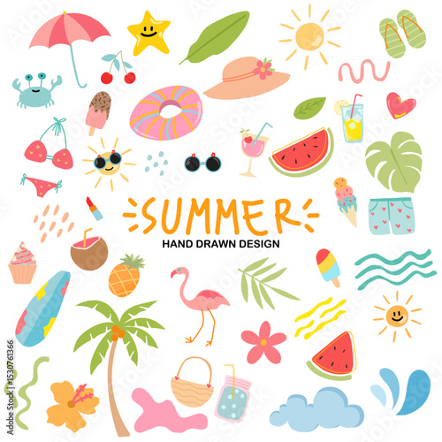 Summer cute vector icon set for sticker. Icons, signs and banners. Bright summer poster. Collection of elements for summer holiday. Vector icon set.