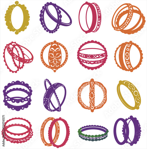 Vibrant Bangle & Bracelet Collection: Colorful Flat Vector Designs, Stylized Jewelry Accents, Fashionable Accessories for Cultural & Festive Occasions.