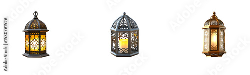Ornate Arabic Lanterns: Three Metal Lamps with Intricate Designs and Warm Glow

