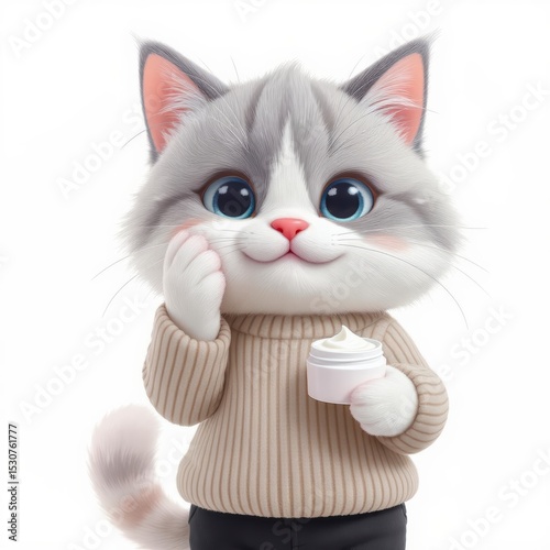 Cute Cartoon Cat Applying Moisturizer for Skincare Routine