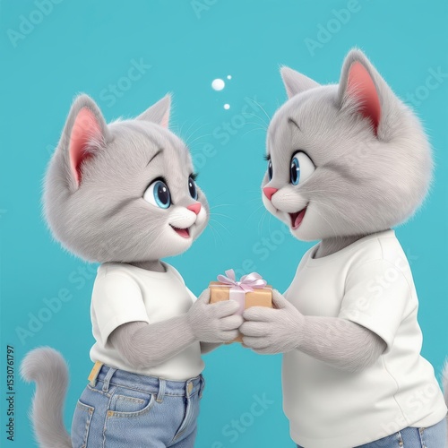 Two Cartoon Cats Sharing Gift in Blue Background