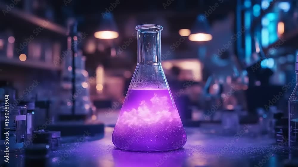 Colorful chemical reaction in a laboratory setting with glowing purple liquid in a flask
