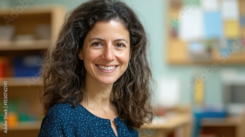 Smiling Middle-Eastern woman teacher with curly hair in a classroom setting. She wears a blue patterned shirt. Background features educational materials and wooden furniture.