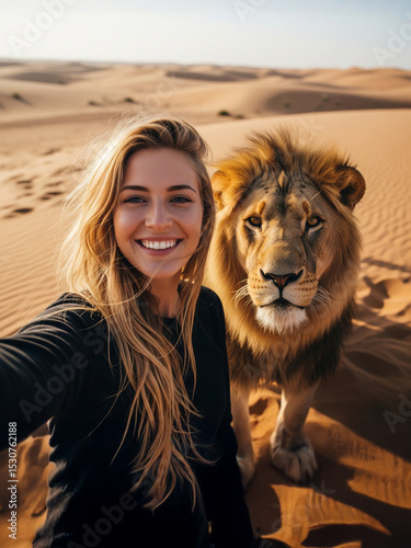 selfie photo of a woman with a male lion in the desert