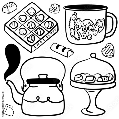 Chocolate doodle set. Different kinds of chocolate. Kettle and cup in sketch style. Hand drawn vector illustration isolated on white