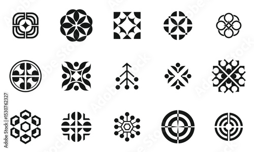 A collection of artistic black and white modern geometric logos, showcasing intricate designs and variations in shape, suitable for various creative projects.