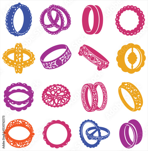 Vibrant Bangle & Bracelet Collection: Colorful Flat Vector Designs, Stylized Jewelry Accents, Fashionable Accessories for Cultural & Festive Occasions.