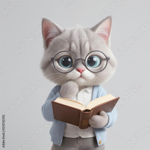 Cat Reading a Book Wearing Glasses and a Cardigan