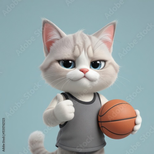 Cat Holding Basketball with Thumbs Up Animated Cartoon Character