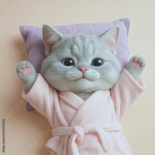 Cat Relaxing in Bathrobe with Pillow Happy Pet Portrait
