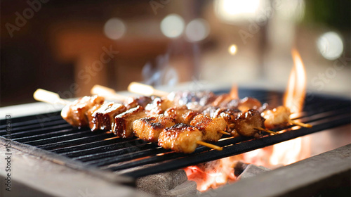 Grilling savory skewers over an open flame in a cozy outdoor setting during a warm evening