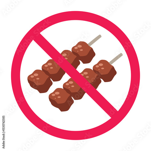 Forbidden sign with satay icon, no grilled meat skewers allowed sign, satay prohibition sign, do not eat satay