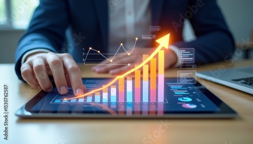 Businessman analyzes financial data on a laptop, displaying growth charts and success reports