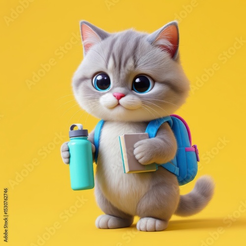 Cute Cat Ready for School Holding Book and Water Bottle