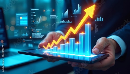 Business statistic data and sales data analytics dashboard. Graphs and charts of web marketing analysis. Analyst using laptop computer to analyze data.